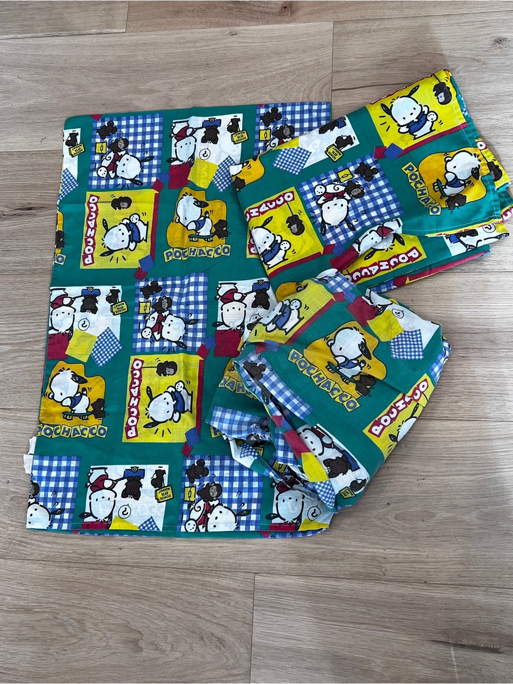 Vintage Sanrio Pochacco Twin Sheet Set Flat Fitted Pillowcase Green Bedding 90s